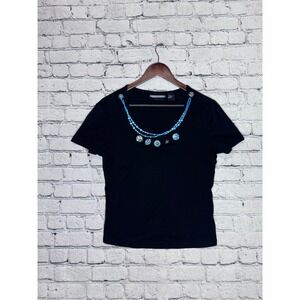 Requirements Black Short Sleeve Beaded‎ Neckline T Shirt Top Womens Size M